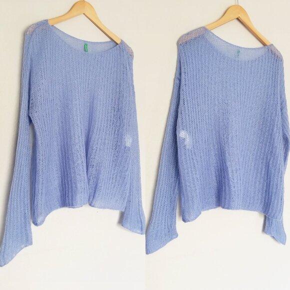 United Colors Of Benetton Sheer Mohair Blend Pullover Sweater L Periwinkle Blue - Picture 14 of 15